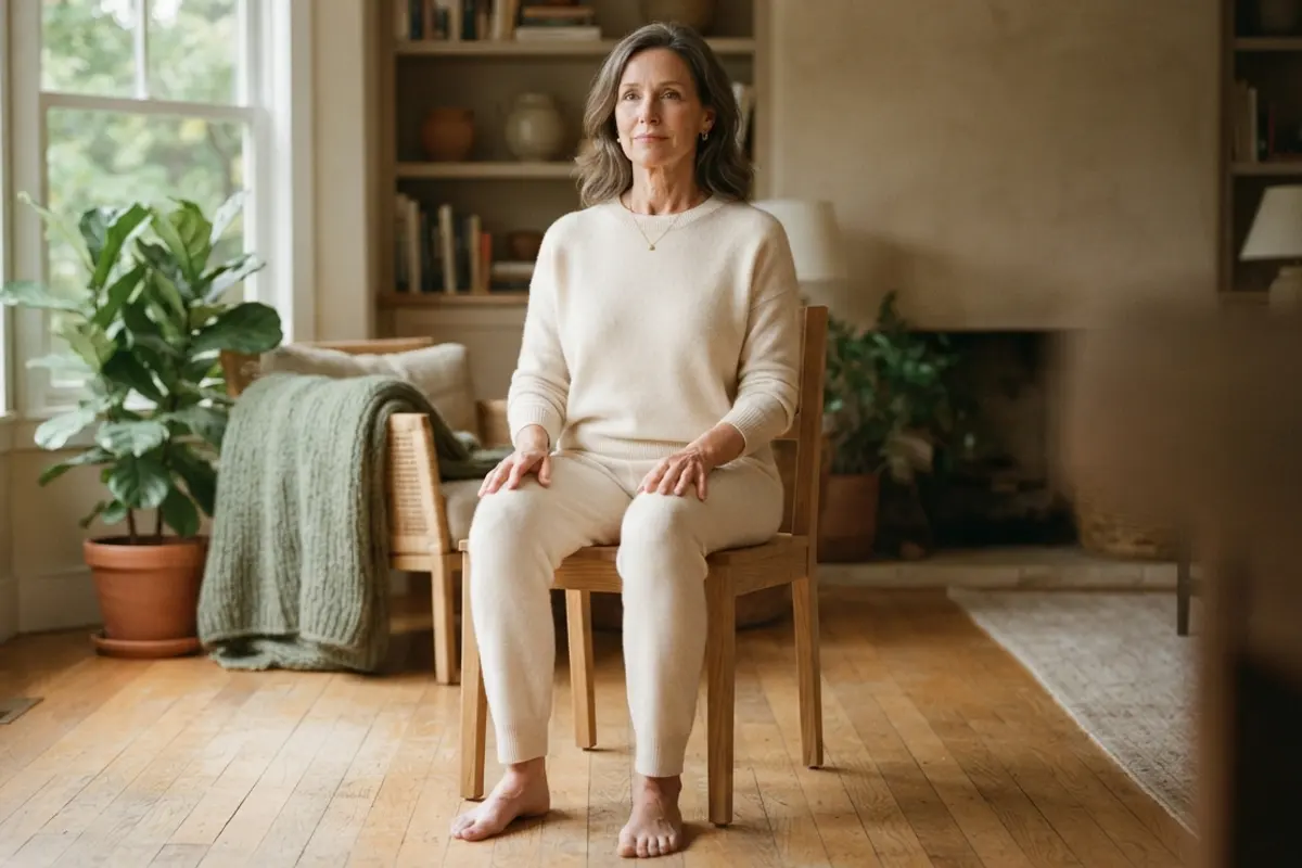 Woman in her fifties sitting upright on a chair at home with a calm, focused expression, practicing a pelvic floor exercise