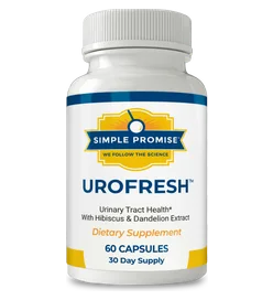 Front of a white UroFresh bottle by Simple Promise, labeled 60 capsules, 30 day supply