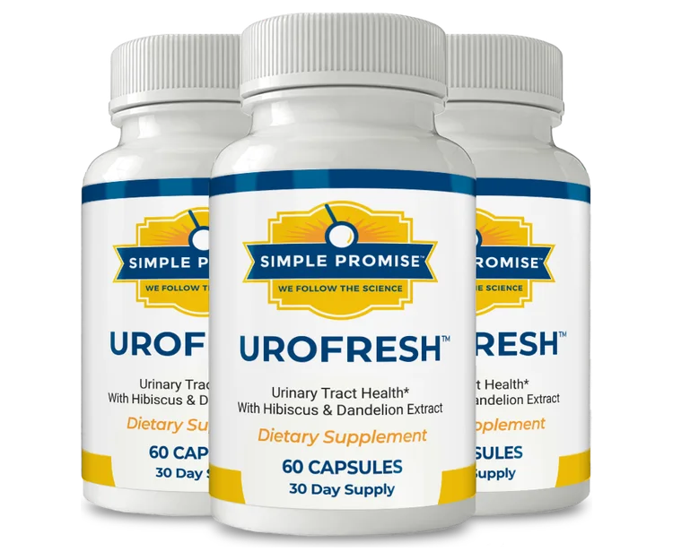 Three white bottles of UroFresh by Simple Promise with blue and yellow labels, 60 capsules each