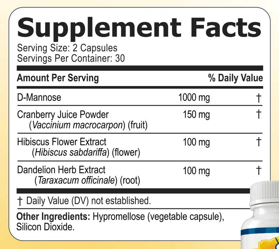 UroFresh Supplement Facts panel: serving size 2 capsules, D-mannose 1000 mg, cranberry juice powder 150 mg, hibiscus flower extract 100 mg, dandelion herb extract 100 mg