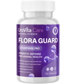 Front of a UroVita Care Flora Guard bottle showing the Flora Guard name and 30 capsules