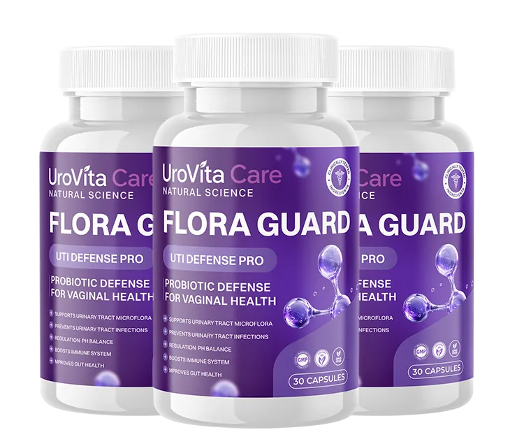 Three purple and white bottles of UroVita Care Flora Guard probiotic capsules, 30 capsules each